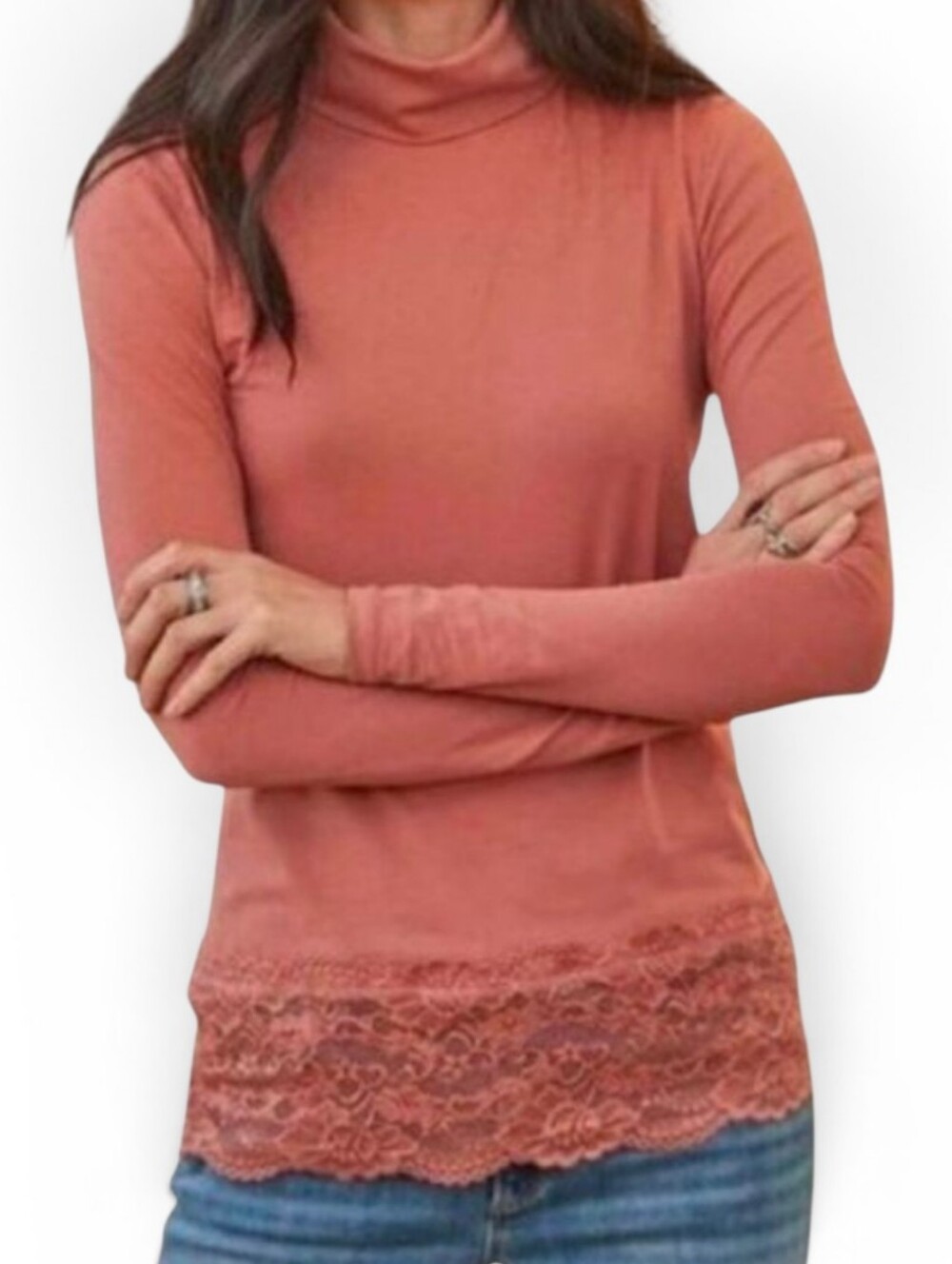 SUNDANCE Elan Tawny Lace Trim Turtleneck - Small